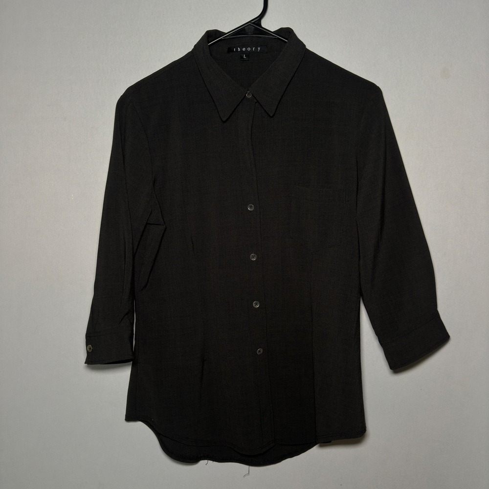 Theory Shirt Womens L Tailored Black Charcoal Poly Wool 3/4 Sleeve Button Up Top